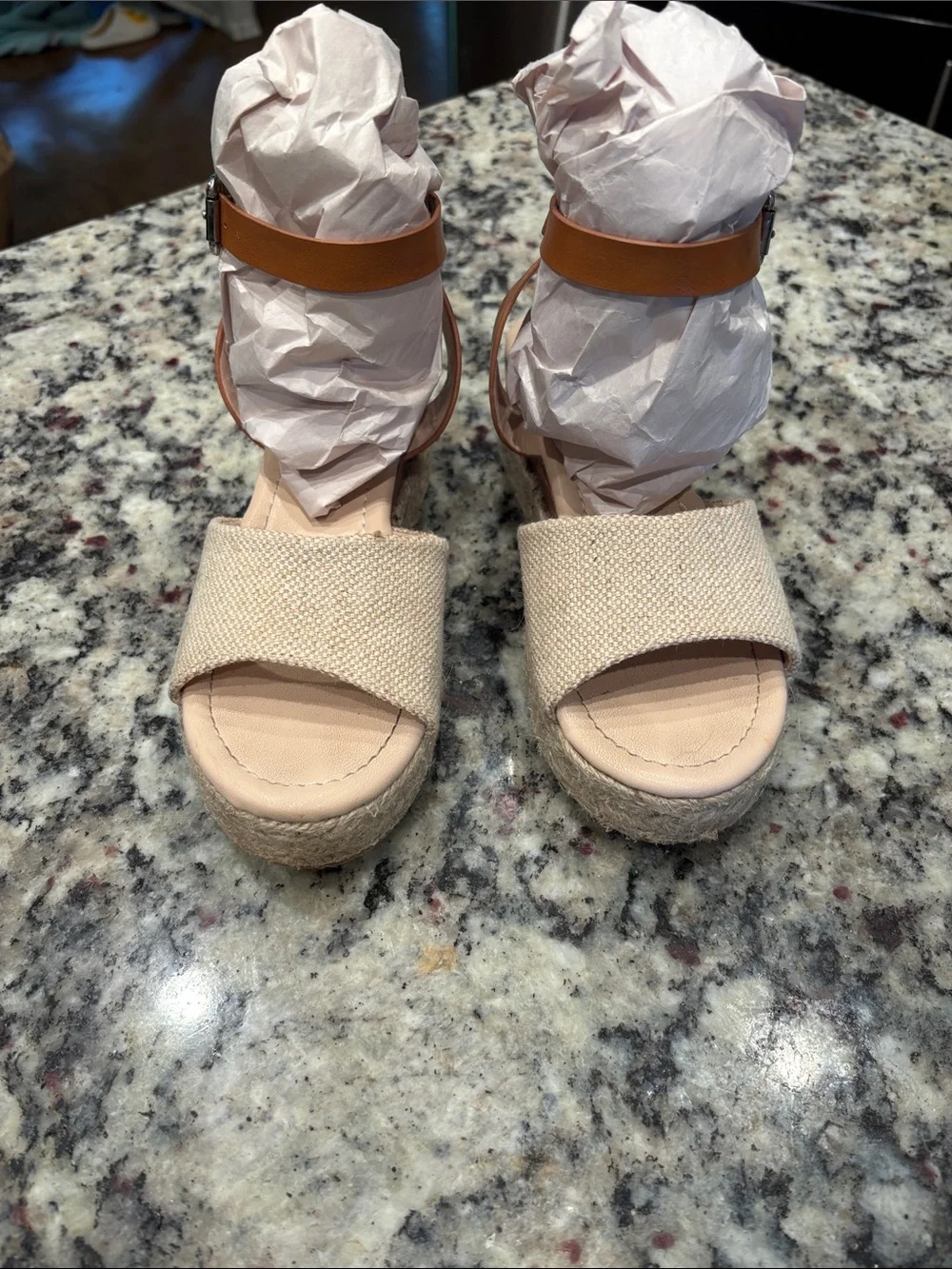Neutral Beige Canvas Espadrille Sandals with Tan Ankle Strap